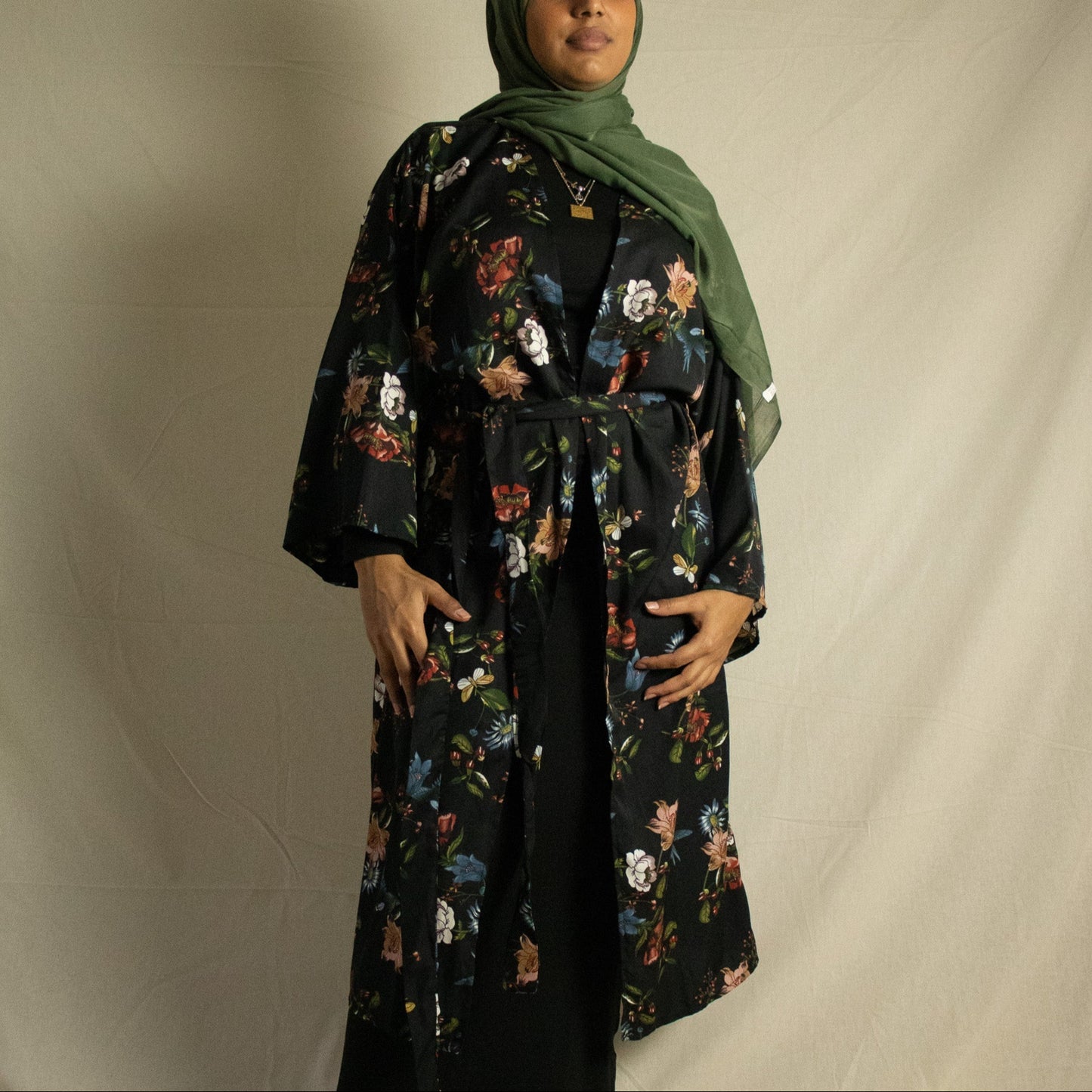 Black floral kimono with belt