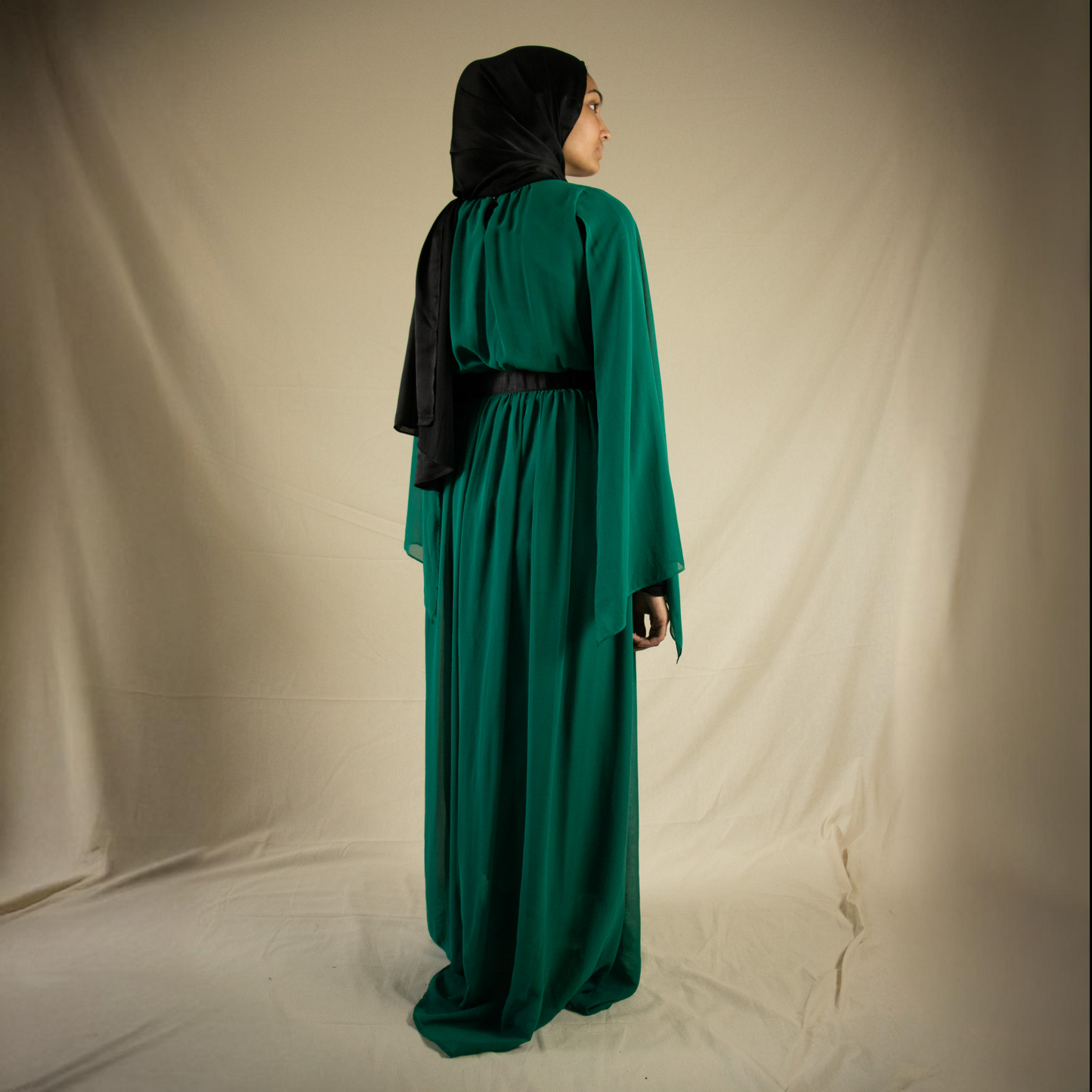 Bottle green maxi dress with open sleeves