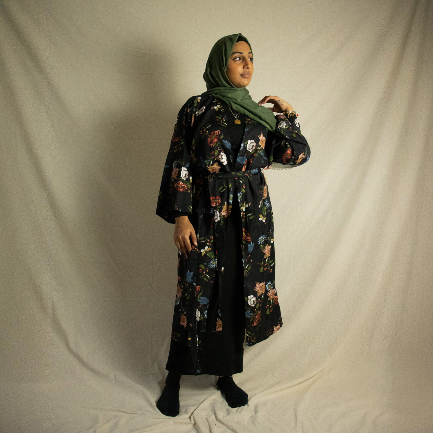Black floral kimono with belt