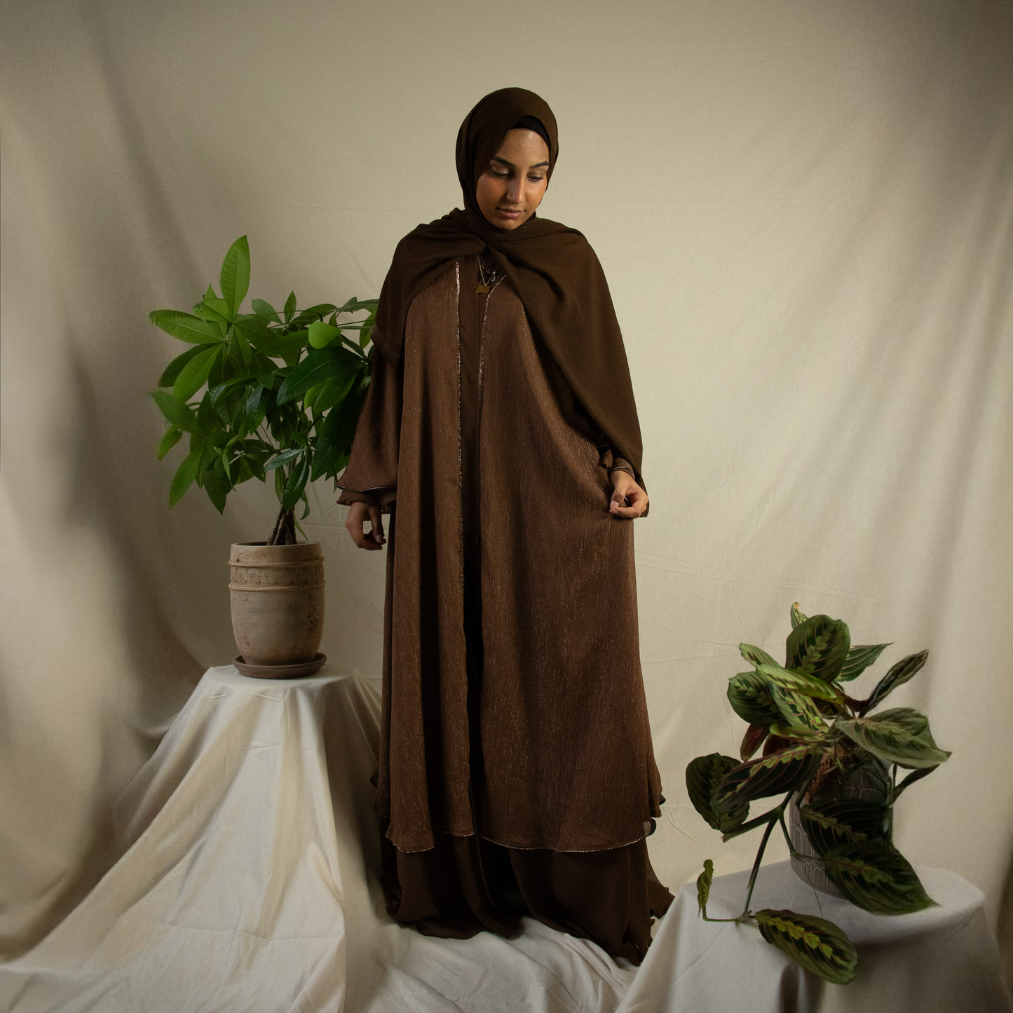 Shimmery brown layered abaya with belt