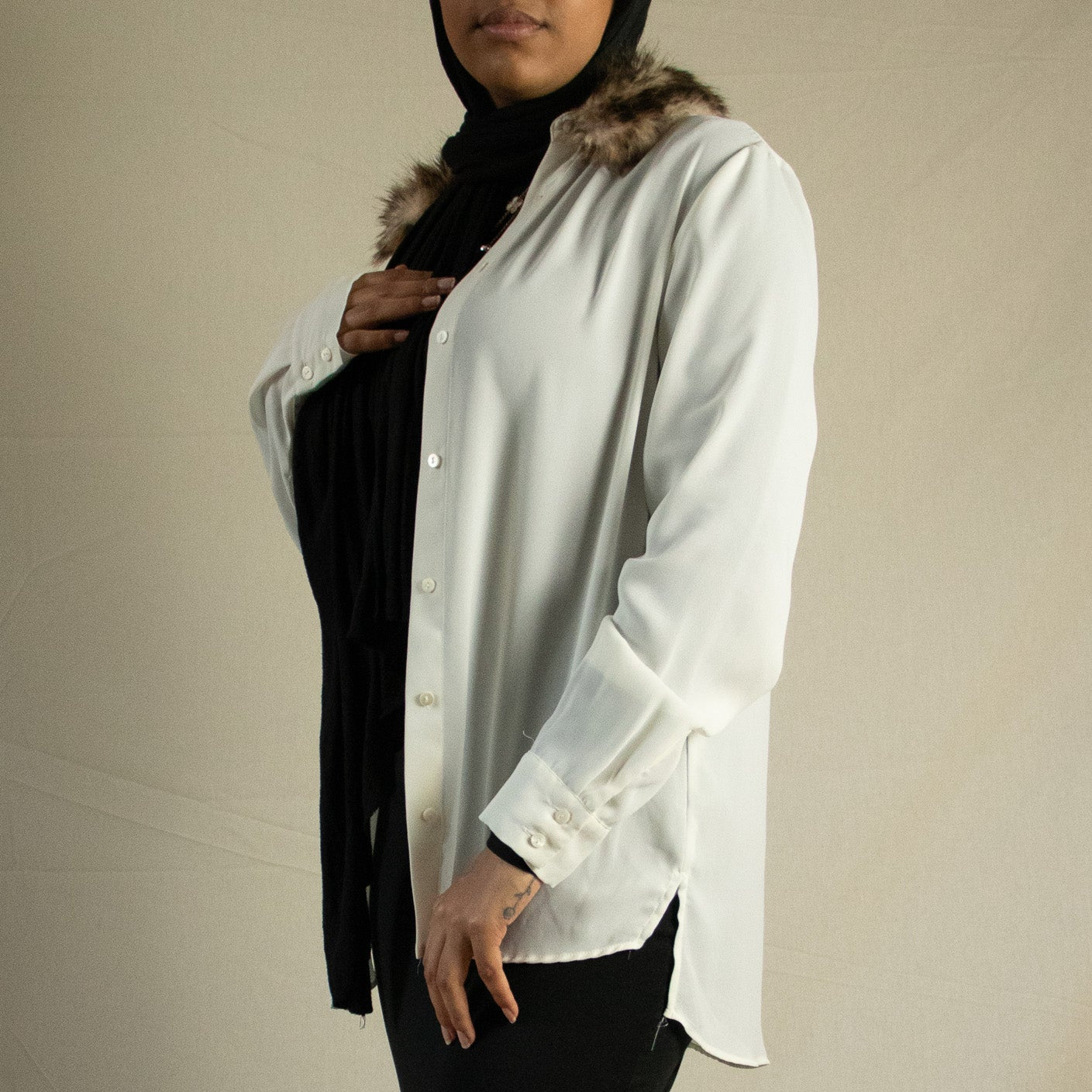 Sheer button up blouse with faux fur detail.