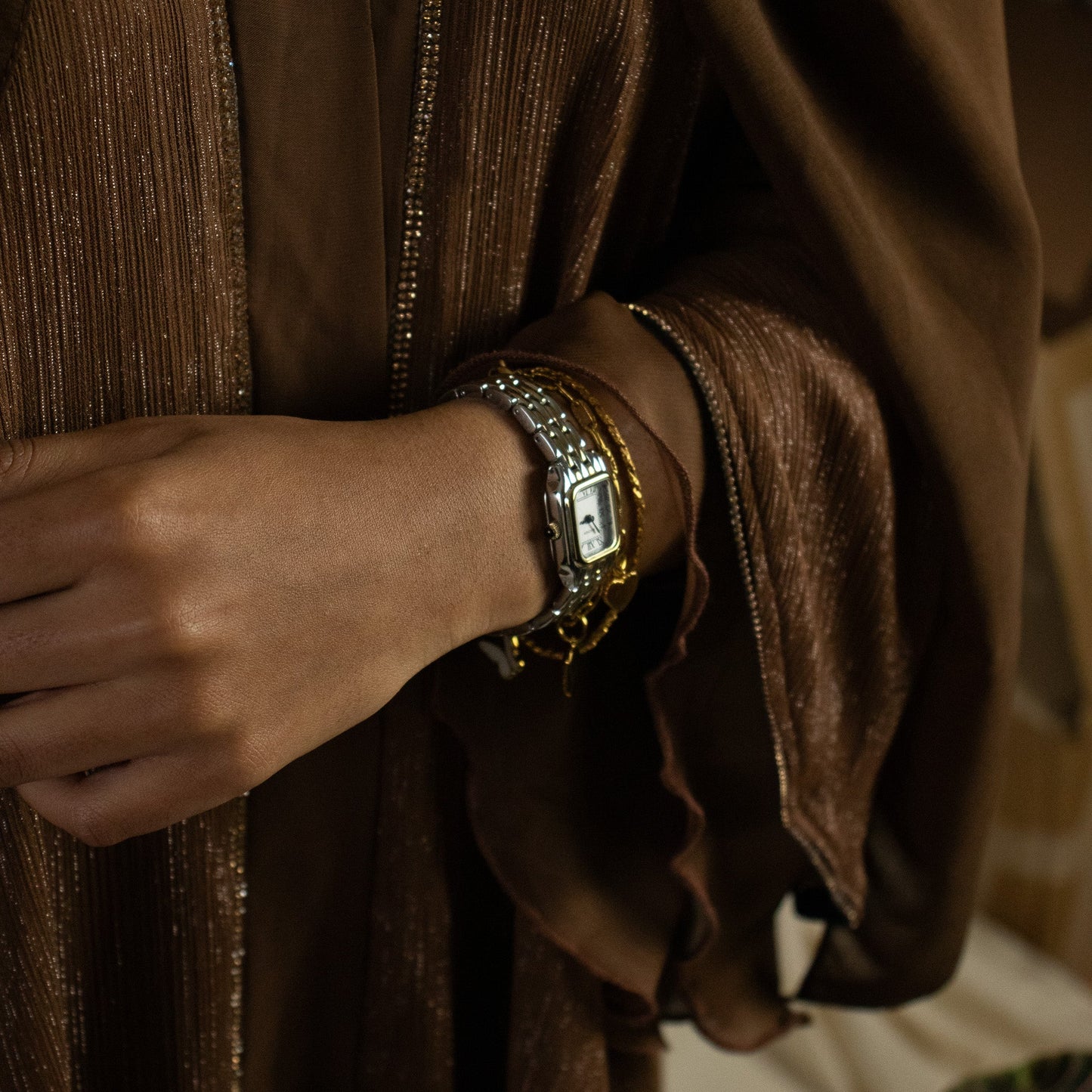 Shimmery brown layered abaya with belt