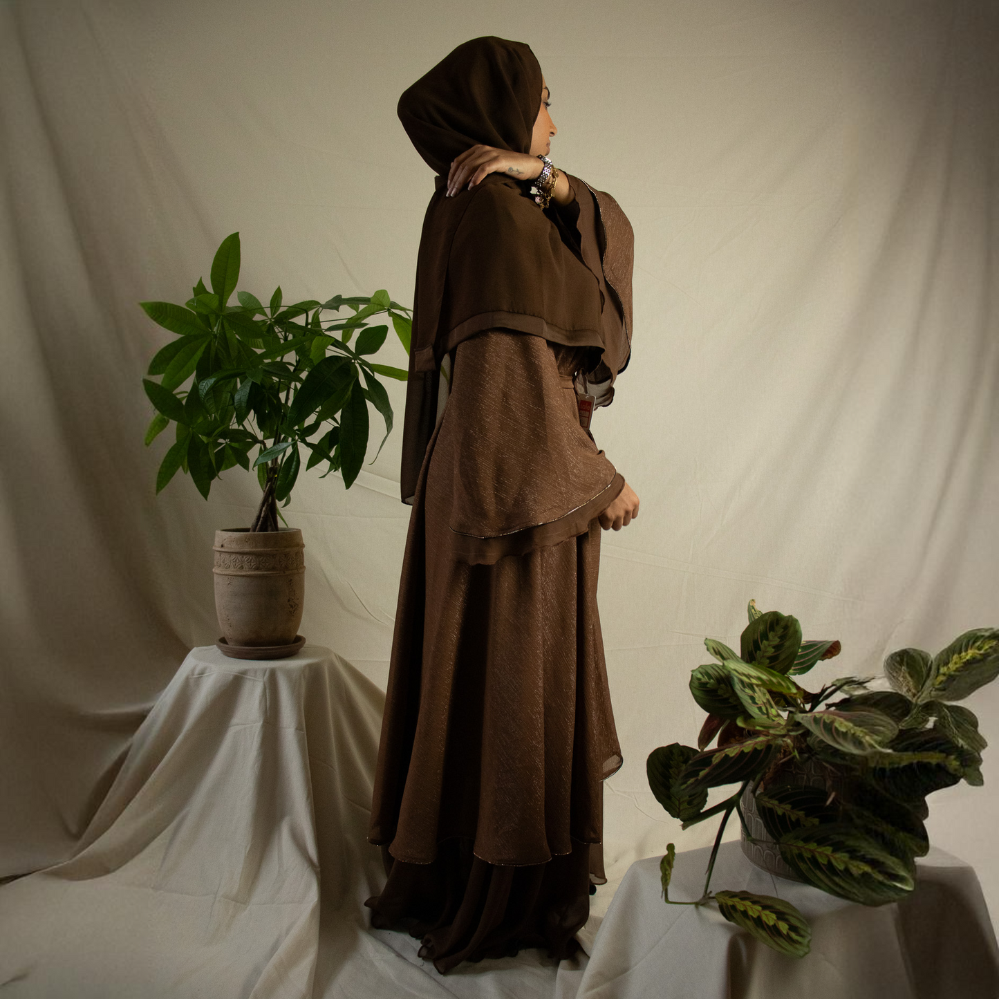 Shimmery brown layered abaya with belt