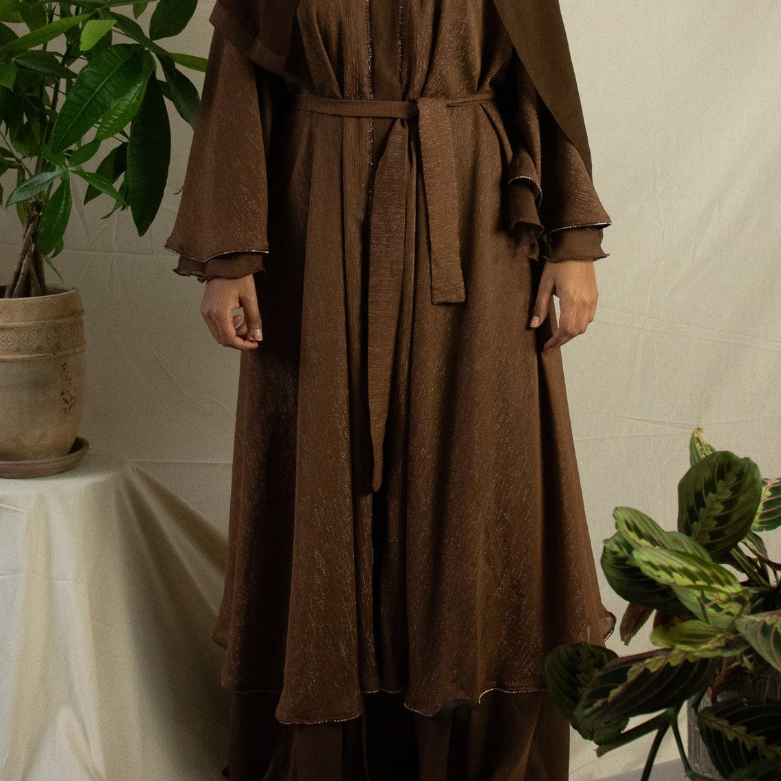 Shimmery brown layered abaya with belt