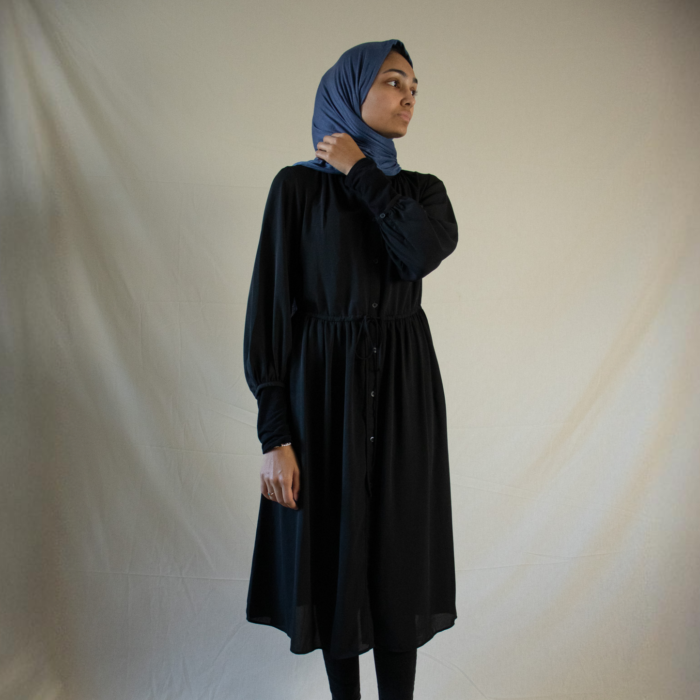 Tie waist black chiffon midi dress