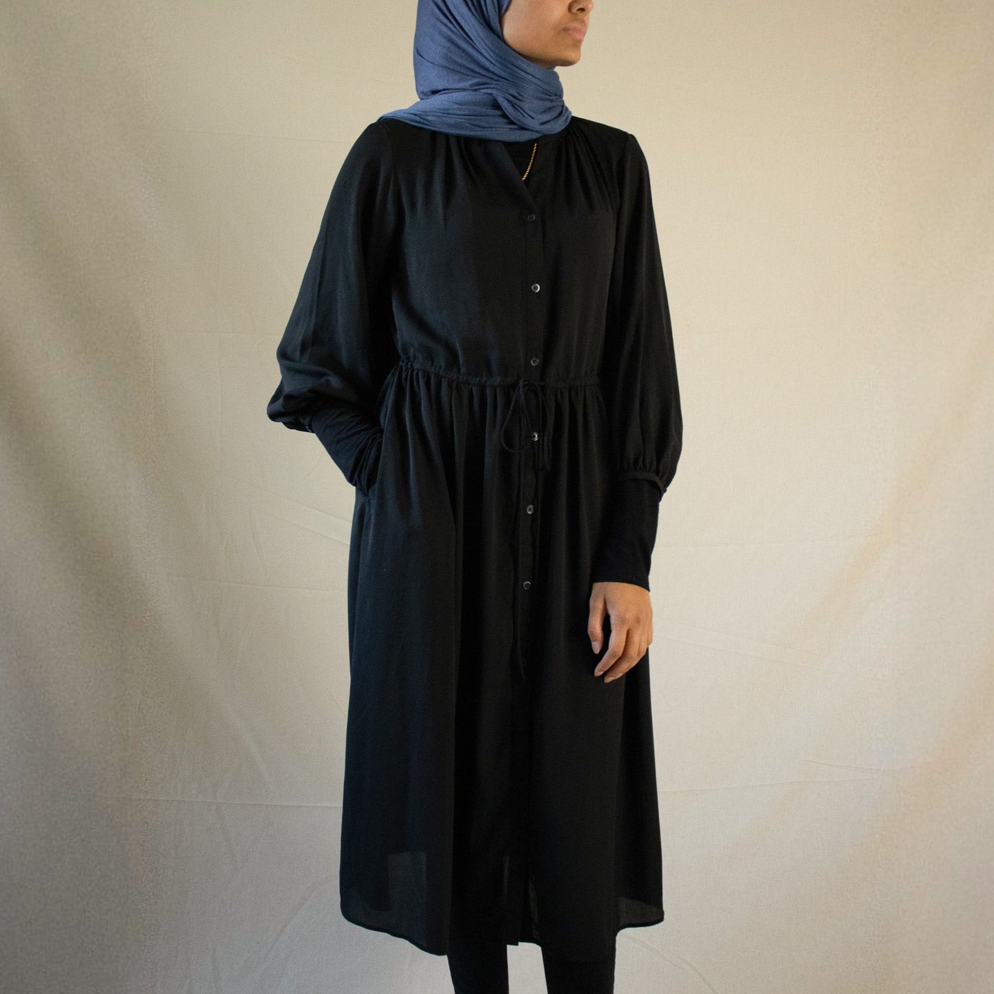 Tie waist black chiffon midi dress