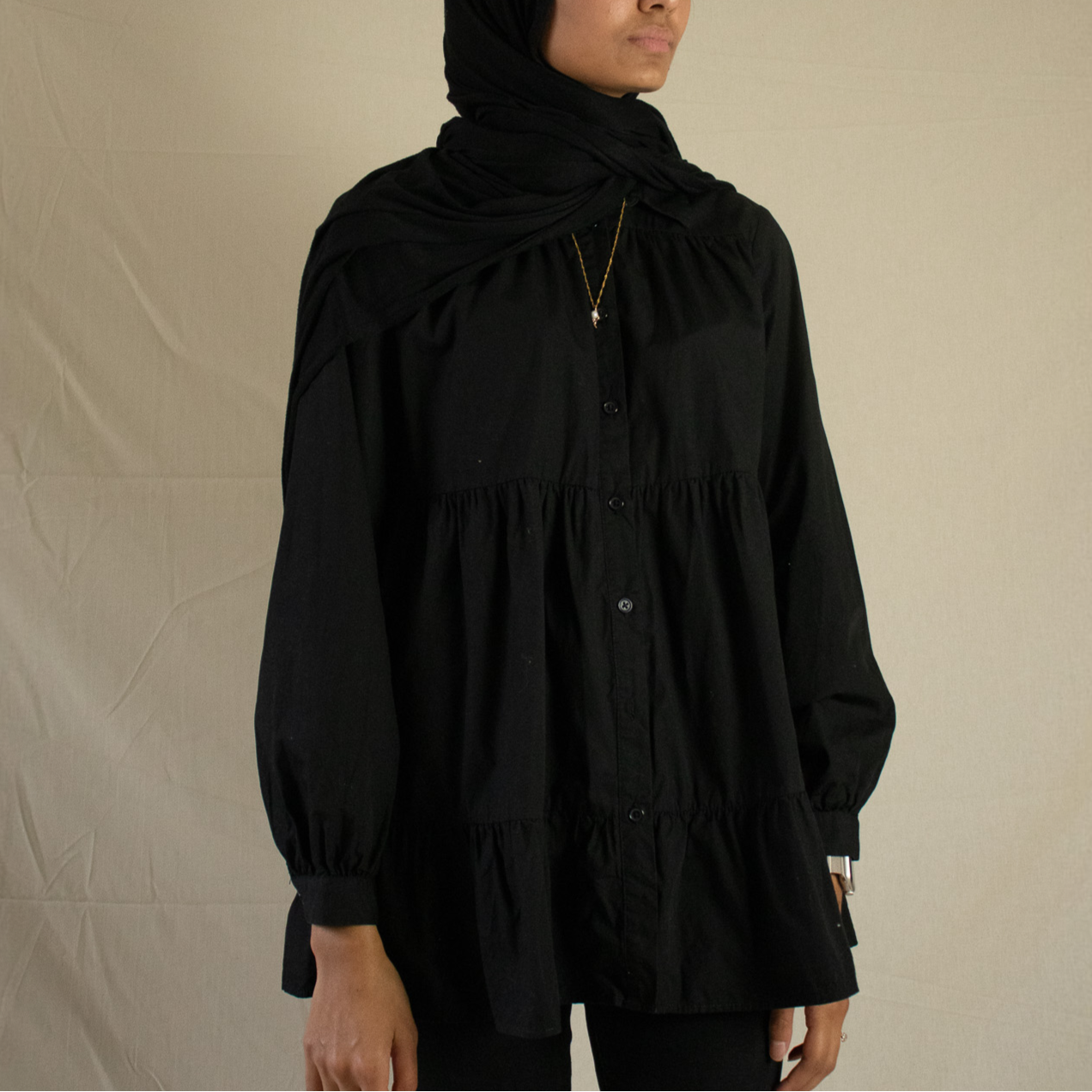 Tiered black midi shirt dress