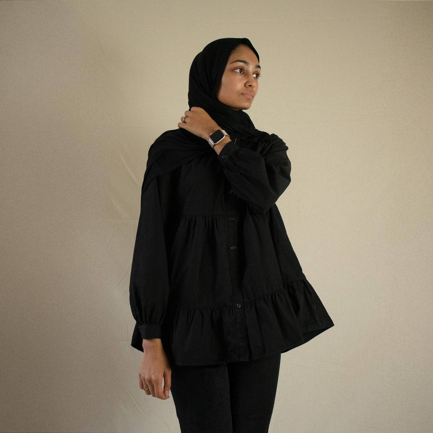 Tiered black midi shirt dress