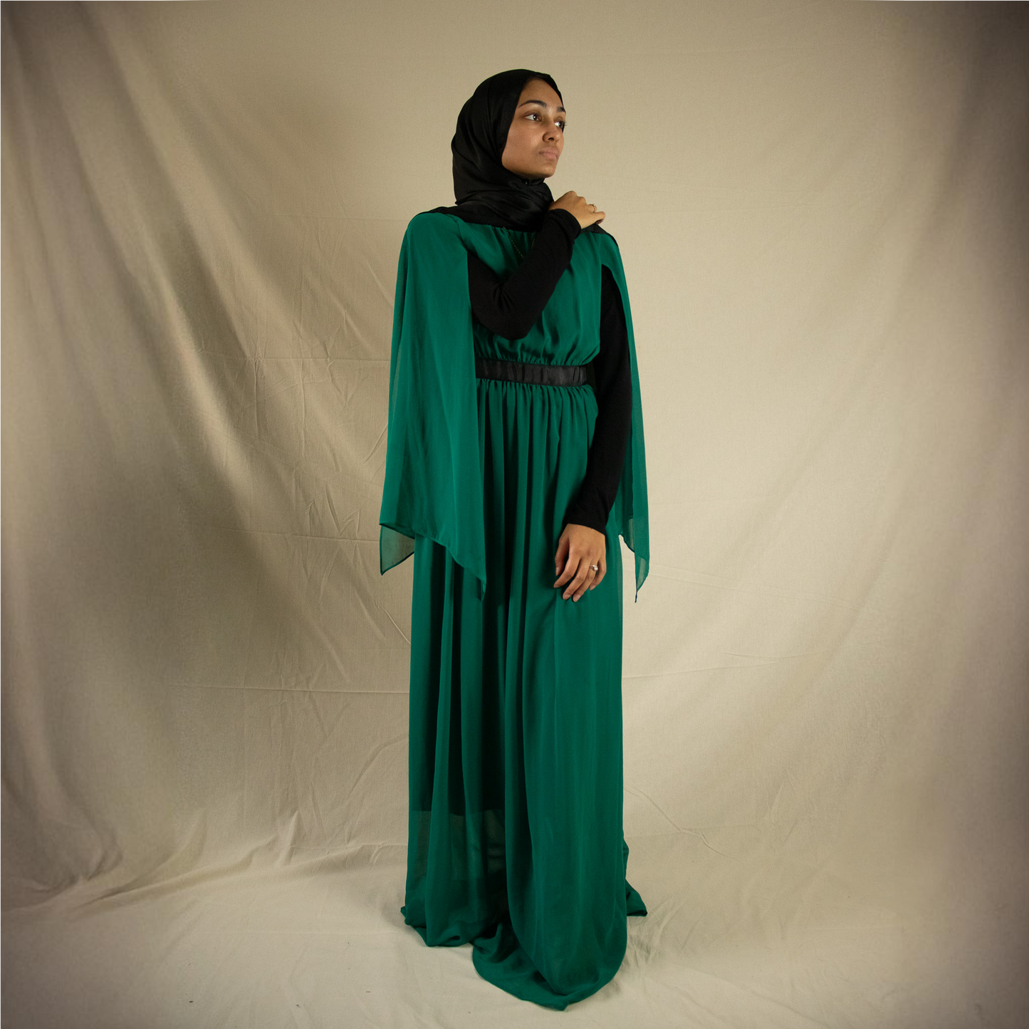 Bottle green maxi dress with open sleeves