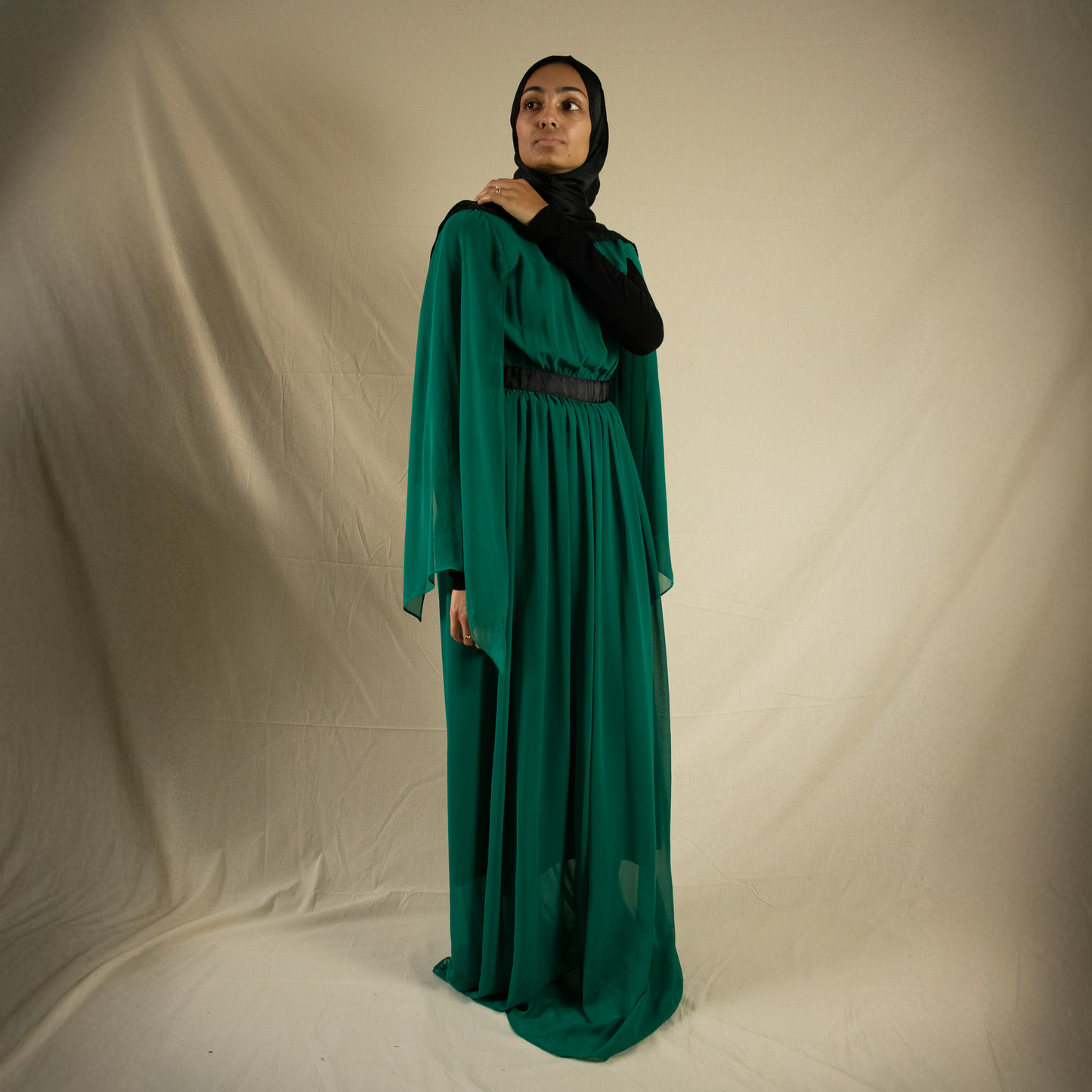 Bottle green maxi dress with open sleeves