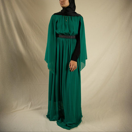 Bottle green maxi dress with open sleeves