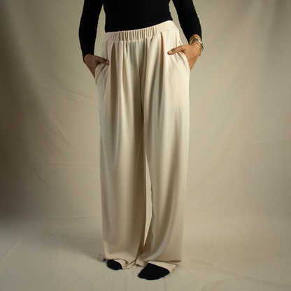 Cream ribbed straight leg trousers