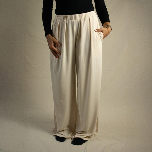 Cream ribbed straight leg trousers