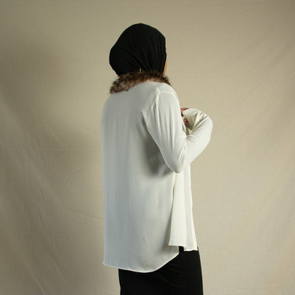 Sheer button up blouse with faux fur detail